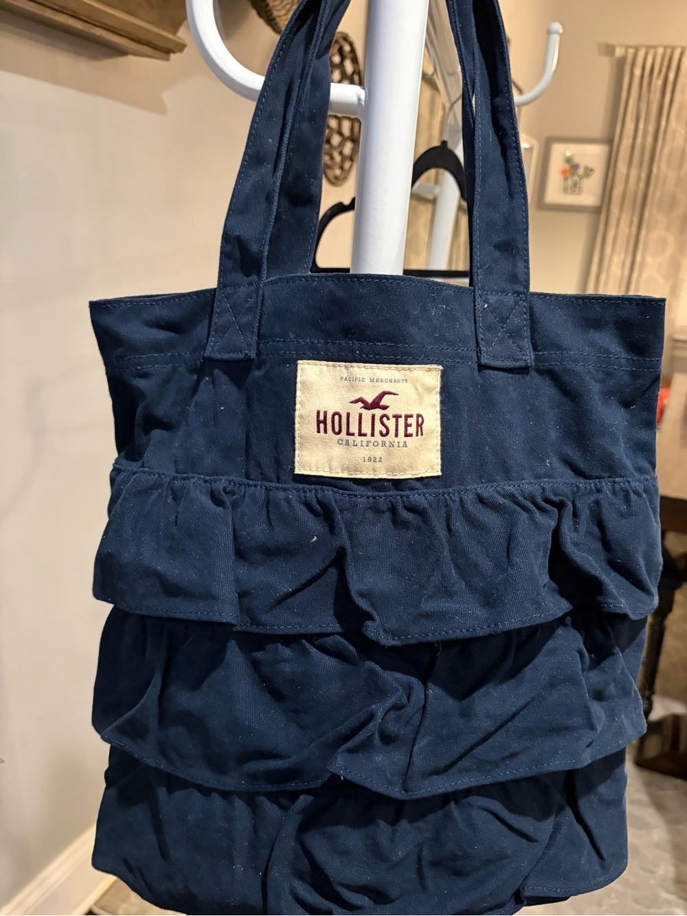 Hollister Dark Navy Ruffle Canvas Tote